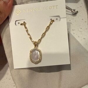 Daphne Gold Pave Frame Short Pendant Necklace in Iridescent Ivory Illusion